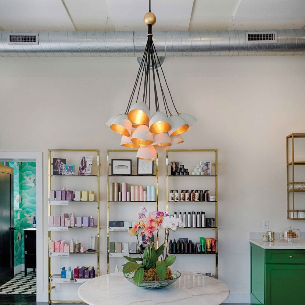 Lux Single Tier Cluster Pendant, Pendant, Shell White with Gold Leaf Accents