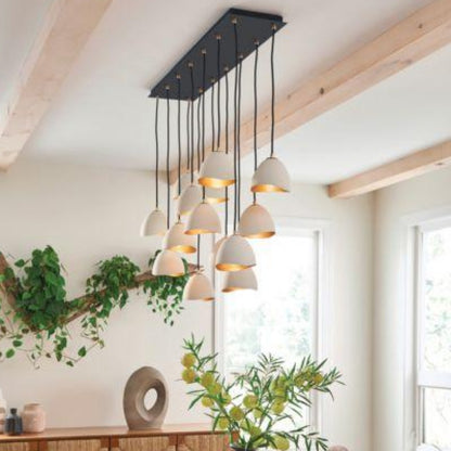 Lux 14 Light Linear Chandelier, Linear Chandelier, Shell White with Gold Leaf accents