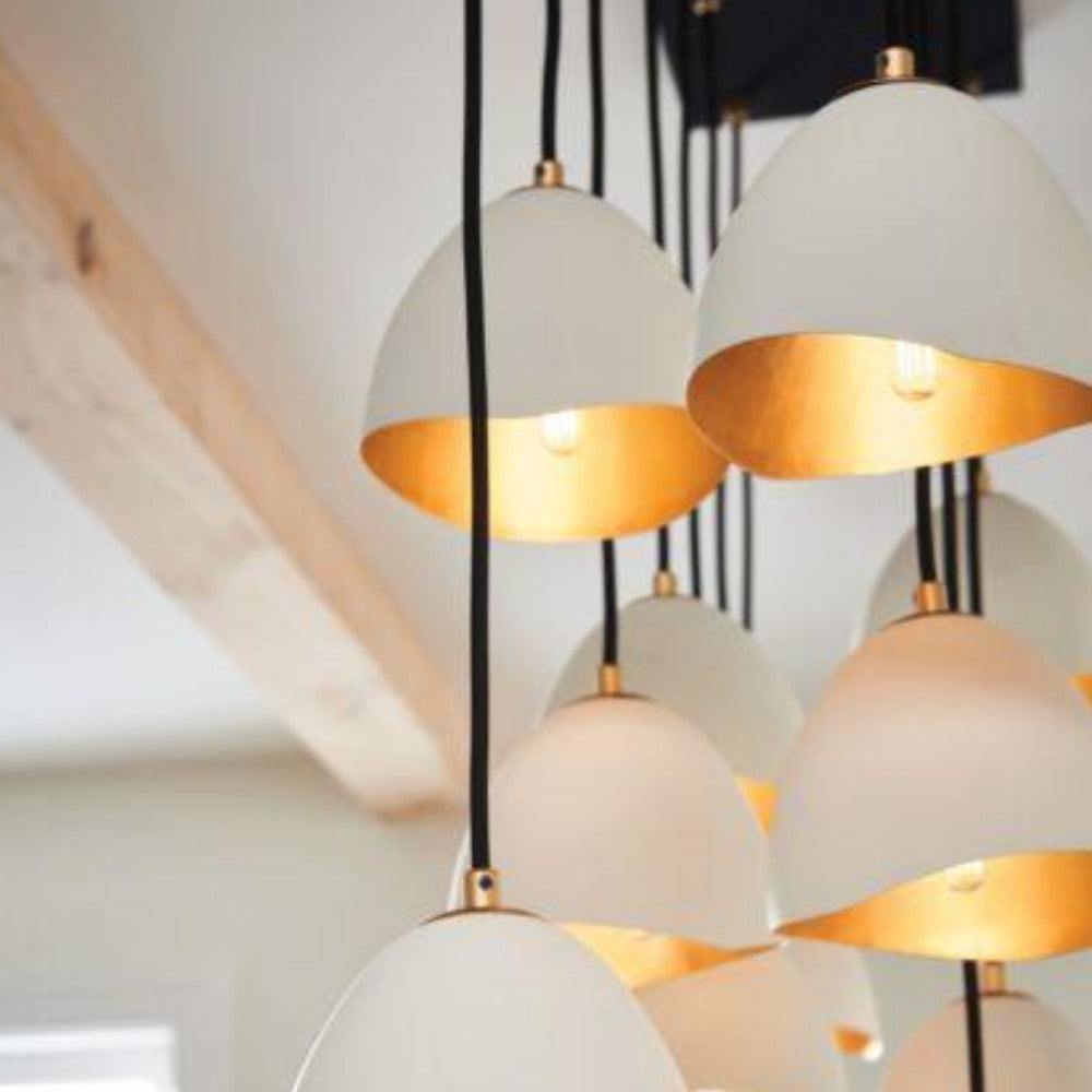 Lux 14 Light Linear Chandelier, Linear Chandelier, Shell White with Gold Leaf accents