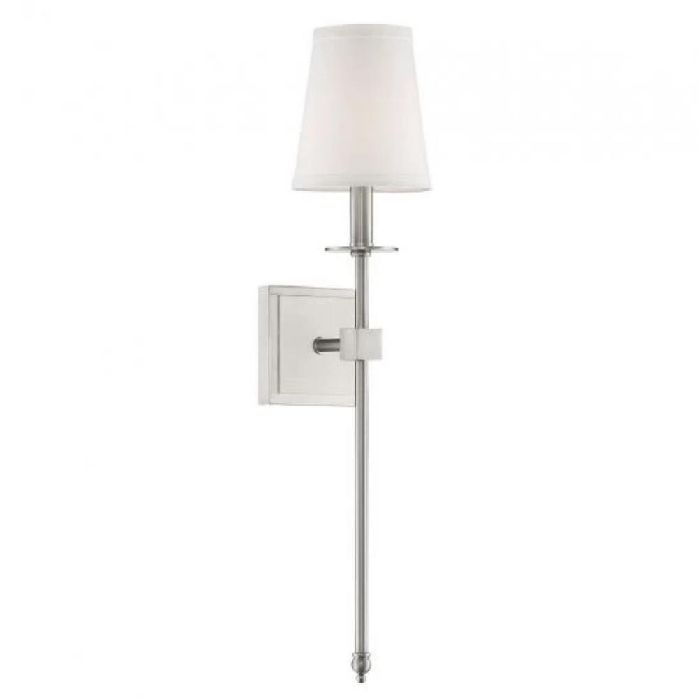 Medium Monroe Sconce, 1-Light Wall Sconce, Satin Nickel, White Fabric Shade