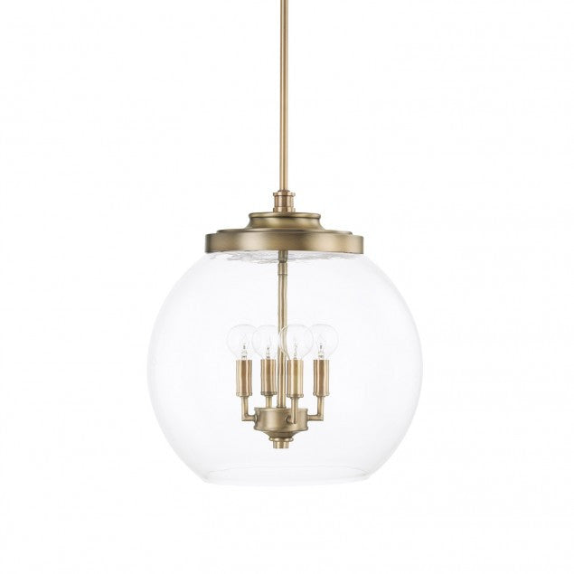 4 Light Mid-Century Pendant in Aged Brass with clear glass round shade by Capital Lighting 321142AD