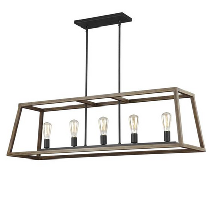 Gannet Linear Chandelier in Weathers Oak Wood / Antique Forged Iron by Feiss, F3193/5WOW/AF