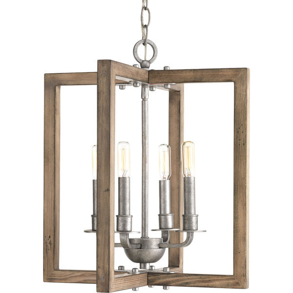 Medium Turnbury Chandelier in Distressed Pine Wood Frame and Galvanized Metal Details by Progress Lighting P4160-141